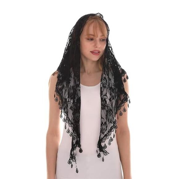 LMVERNA Lace Tassel Sheer Floral Triangle Mantilla Scarf Printed Silk Soft - Picture 8 of 16